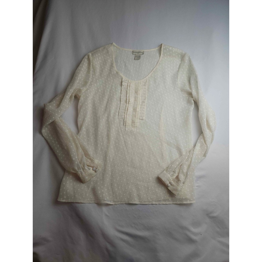 Banana Republic Cream Swiss Dot Pleated Bib Blouse Long Sleeve Womens Medium